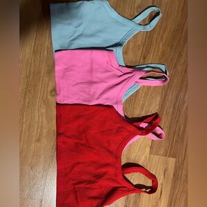 Set of 3 Ribbed Cropped Tank Tops — Red, Pink, Light Blue